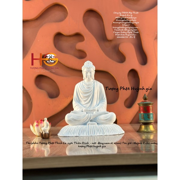 Tượng Phật Thích ca ngồi thiền trên đế cỏ nét nguyên thủy - size cao : 20cm - Bột đá - màu trắng USA