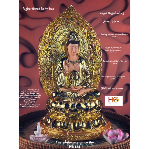 Tượng Phật Quan Âm Bồ Tát ngồi thờ gia đình : 30cm - vật liệu : , gỗ , đồng , composite , bột đá , x