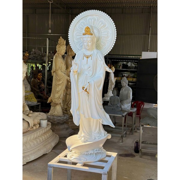 Tượng Phật Quan Âm Bồ Tát đứng cánh sen , kích thước : 60cm,90cm,120cm,,160cm.... - vật liệu : , gỗ 