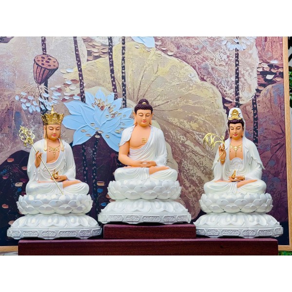 Tượng Tây Phương Tam Thánh Ngồi - Kích Thước :32cm... - Chất Liệu : Composite - Bột Đá , Đồng , Gỗ